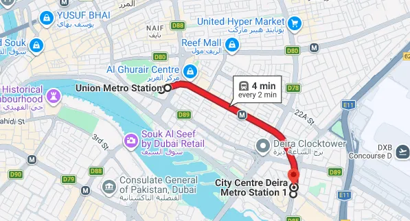 Union Metro Station to Deira City Centre Metro Station Map