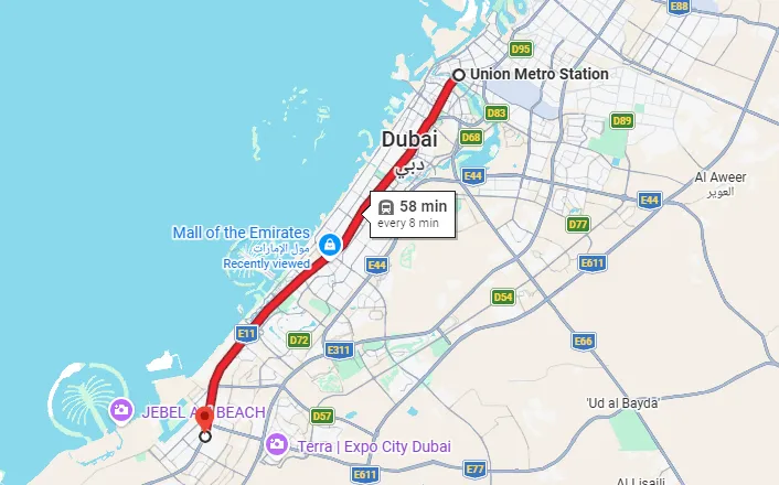 Union to UAE Exchange Metro Station Route Map