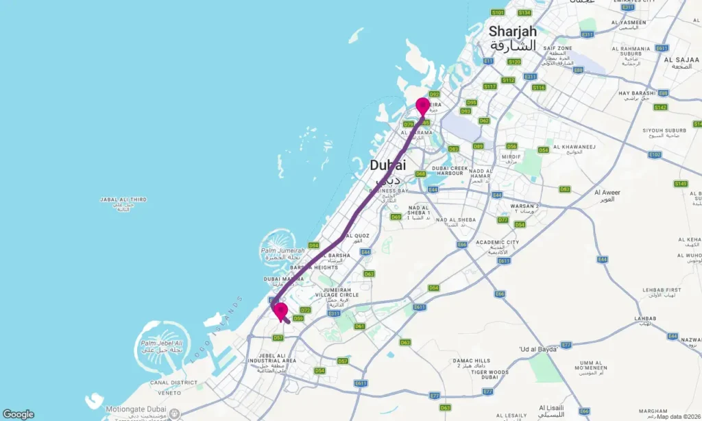 Union Metro Station to Jebel Ali Metro Station Route Map